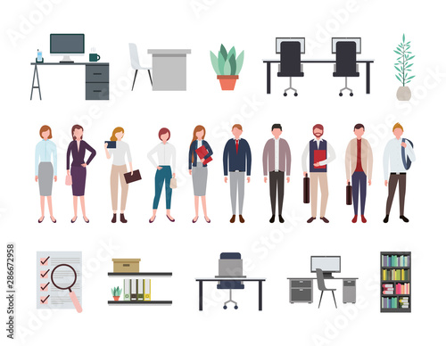 business people and office equipment icons
