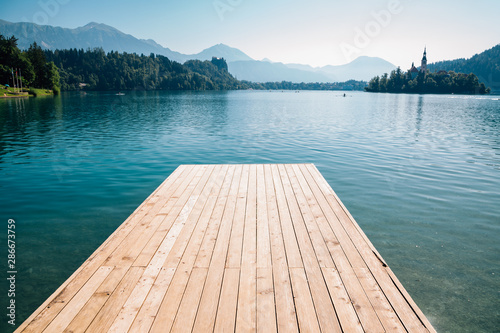 Lake Bled and wooden deck in Slovenia