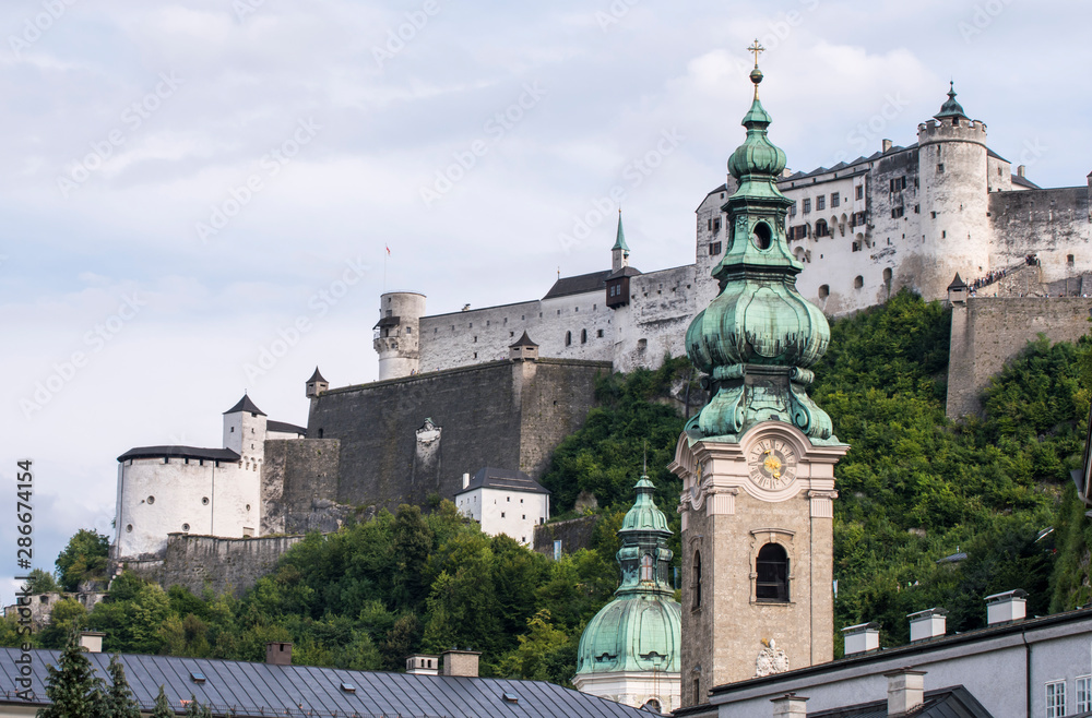 Diferents views of Salzburg skyline with Festung Hohensalzburg and Salzach river in summer, Salzburg, Salzburger Land, Austria