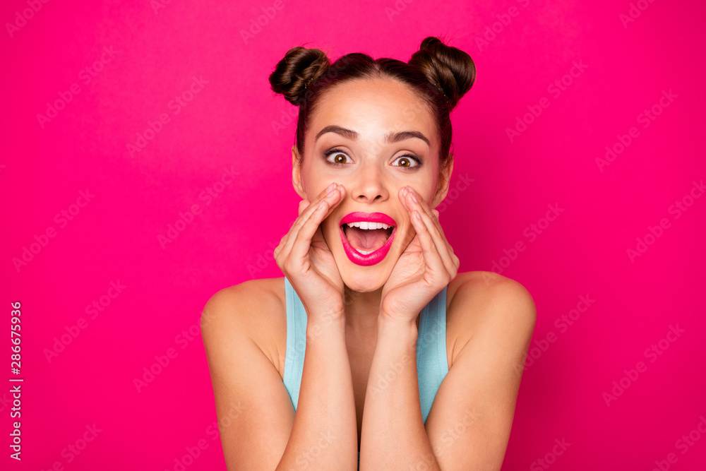 © deagreez - Close up photo of crazy lady screaming shouting wearing blue singlet isolated over fuchsia background
