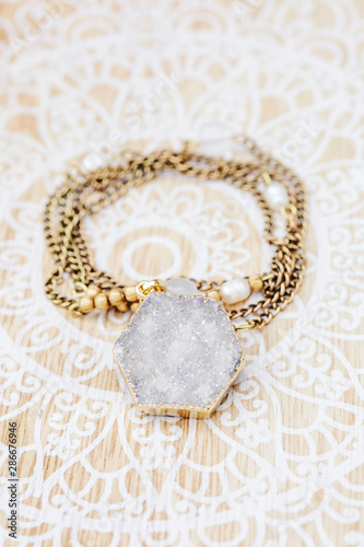 Mineral stone druzy hexagon pendant on brass chain necklace