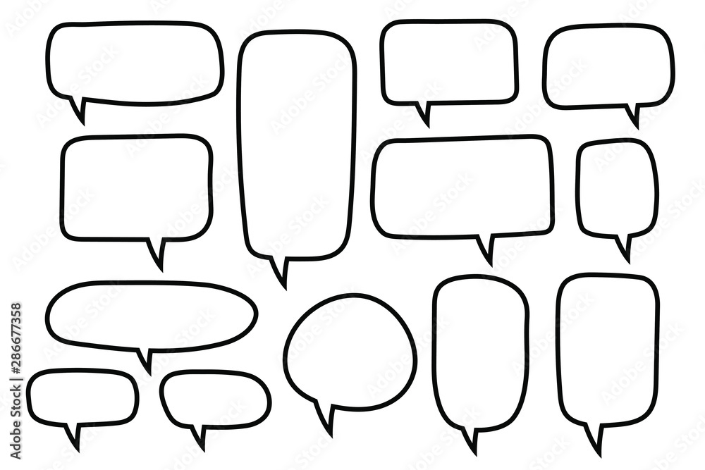 Obraz premium Vector speech bubbles set. Hand drawn speech bubbles set, doodle style, Blank empty vector speech bubbles. Cartoon balloon word design.