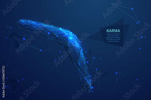 Karma low poly art illustration. 3d polygonal boomerang. Philosophy principle concept with connected dots and lines. Buddhism faith, deciding person fate vector color wireframe mesh illustration
