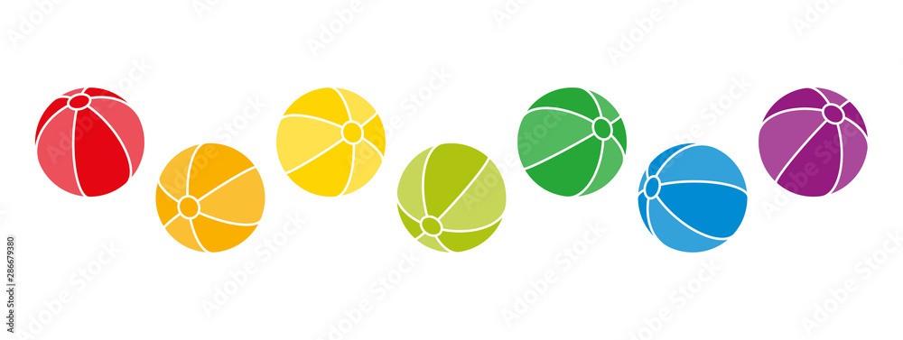 Seven rainbow colored balls jumping around. Beach ball shaped spheres in the colors of a spectrum with stripes and outlines. Isolated illustration on white background. Vector.