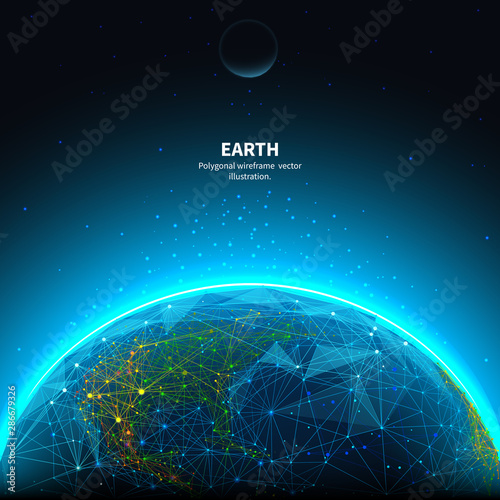 3D Kugeln Tapete - Fototapete Earth low poly art illustration. 3d polygonal planet. Astronomy concept with connected dots and lines. Universe space. Cosmos exploring. Solar system body vector color wireframe mesh