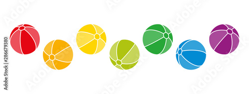 Seven rainbow colored balls jumping around. Beach ball shaped spheres in the colors of a spectrum with stripes and outlines. Isolated illustration on white background. Vector.