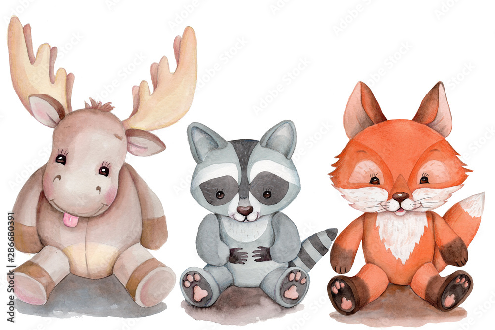 Obraz premium Watercolor illustration of cartoon wild animals fox, raccoon, deer, isolated.
