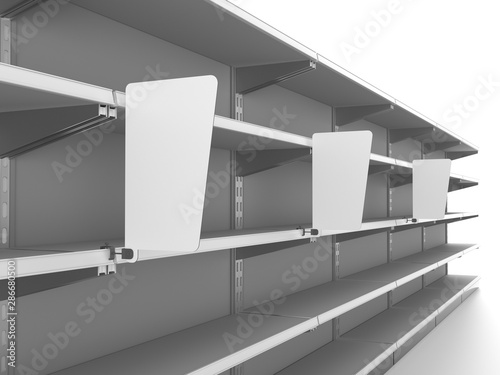 supermarket shelf  with blank wobblers or shelf-stopper. 3D rendering photo
