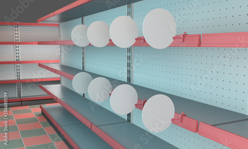 supermarket shelf  with blank wobblers or shelf-stopper. 3D rendering photo