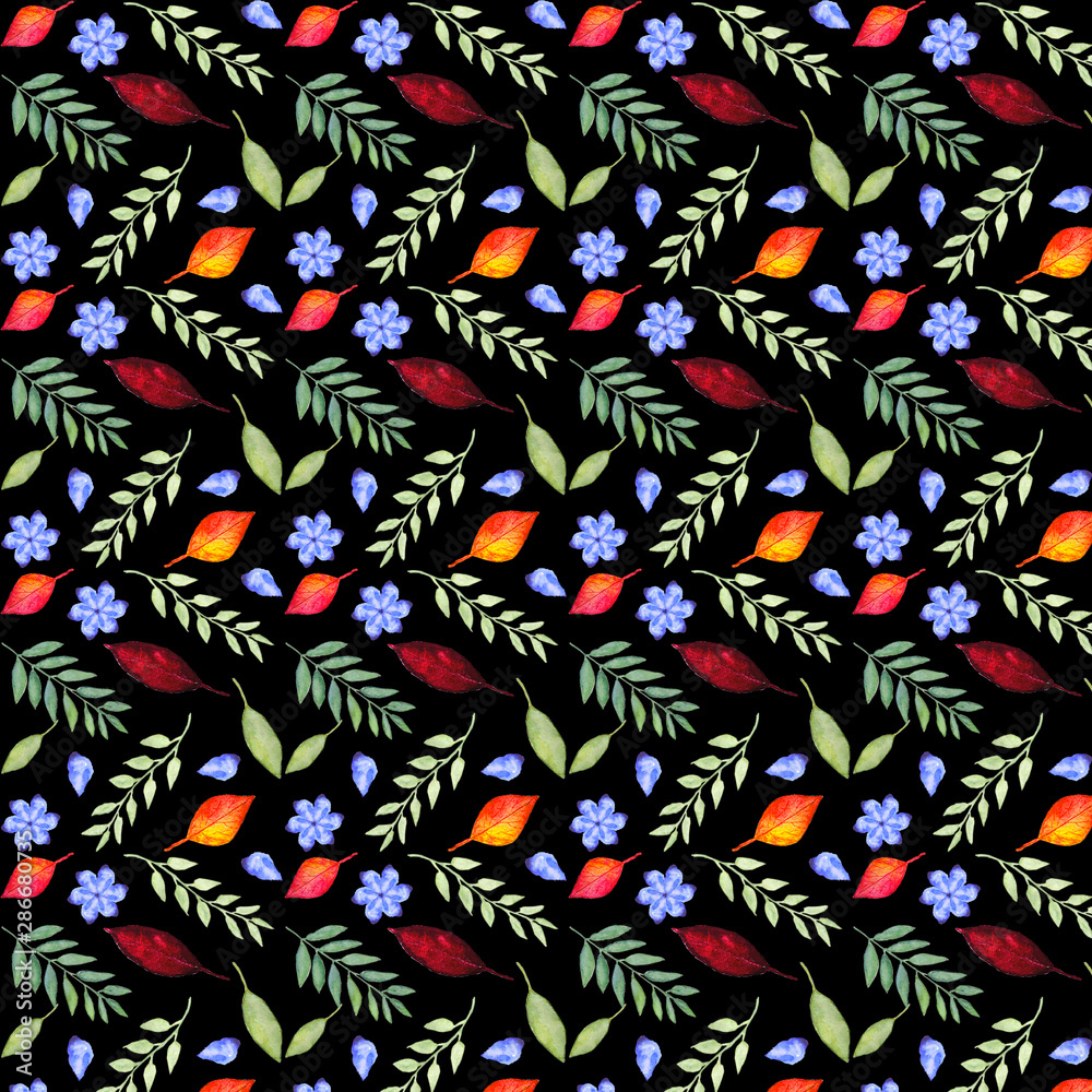 Fototapeta premium Watercolor flowers and leaves pattern. Hand painted watercolor leaves, branches and flowers
