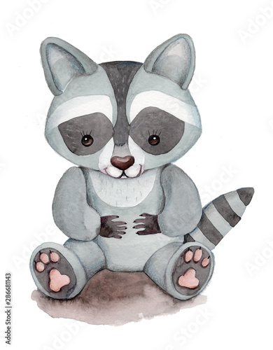 Fototapeta Naklejka Na Ścianę i Meble -  Watercolor illustration of toy raccoon.