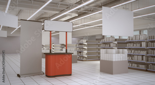 Supermarket Shelves With Blank Banners And POS Display. 3D rendering
