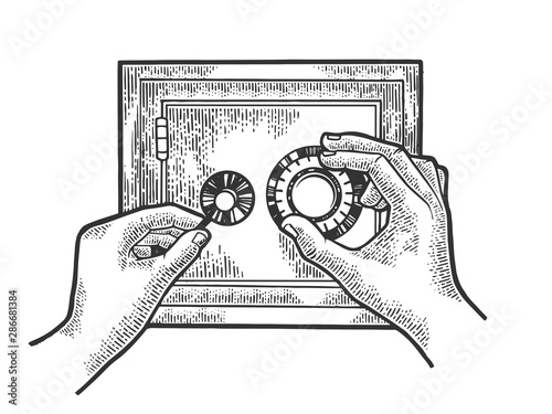Hands hack safe sketch engraving vector illustration. Tee shirt apparel print design. Scratch board style imitation. Hand drawn image.
