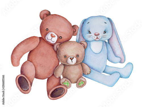 Toy animals, two teddy bears and buny rabbit. Watercolor hand painted illustration