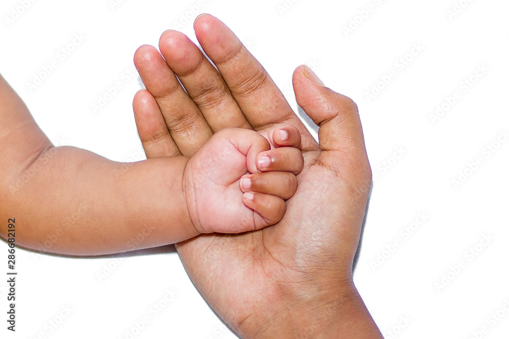 A new born baby's soft hand on mother's hand on a white background.