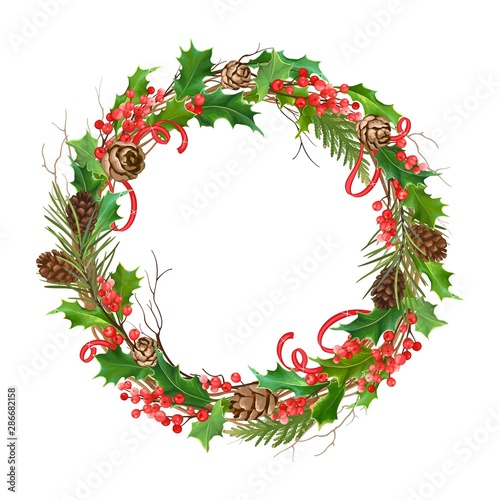 Christmas wreath of dry branches, holly, winter red berries, pine cones and red ribbons.