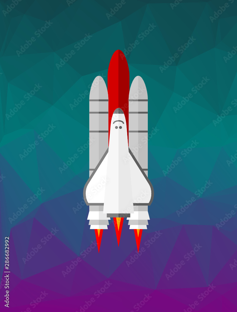 Space shuttle on the low poly background. Launching rocket in space. Exploring, space travel, creative idea,project start, business startup.Spacecraft flying in the sky. Vector illustration,flat style Space shuttle on the low poly background. Launching rocket in space. Exploring, space travel, creative idea,project start, business startup.Spacecraft flying in the sky. Vector illustration,flat style