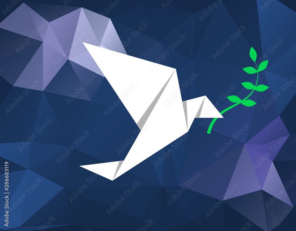 Obraz premium White origami bird (dove) carrying olive branch on the blue low poly background. Peace concept.International Day of Peace. World peace day.Bird flying with olive leaves.Vector illustration,flat style.