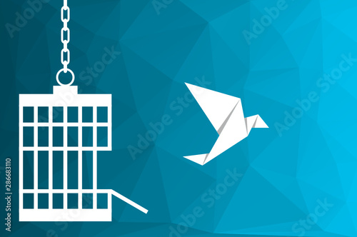  Bird flies out of the cage. White origami bird is escaping the cage on the blue low poly background. Escape, freedom, independence, liberation, spread wings, concept. Vector illustration, flat style.