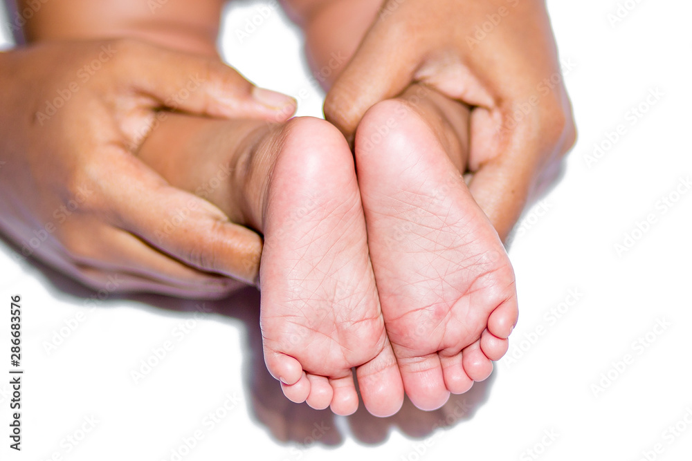 A mom holding baby’s two feet on a white background. A mom holding baby’s two feet on a white background.