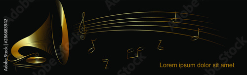 Banner with a gramophone and notes, the name is made in gold text on a black background for the design of musical events, albums, music discs, presentations, leaflets, social networks, diplomas, award
