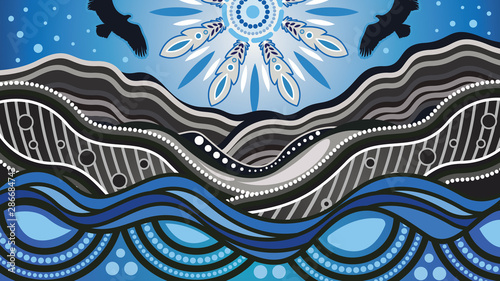 Nature concept, Aboriginal dot art vector painting depicting mountain
