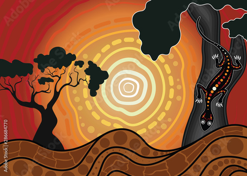 Tree on the hill, An illustration based on aboriginal style of background depicting nature.