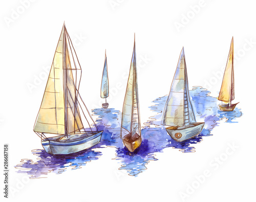 Obraz na plátně Vector watercolor sailboat regatta  isolated on white
