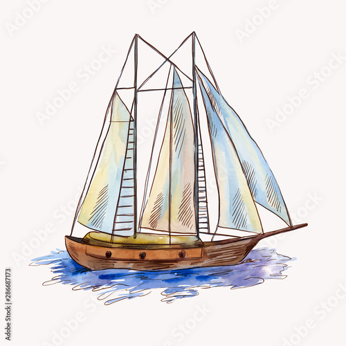 Vector watercolor sailing ship isolated on white. Seascape scene in sketch style