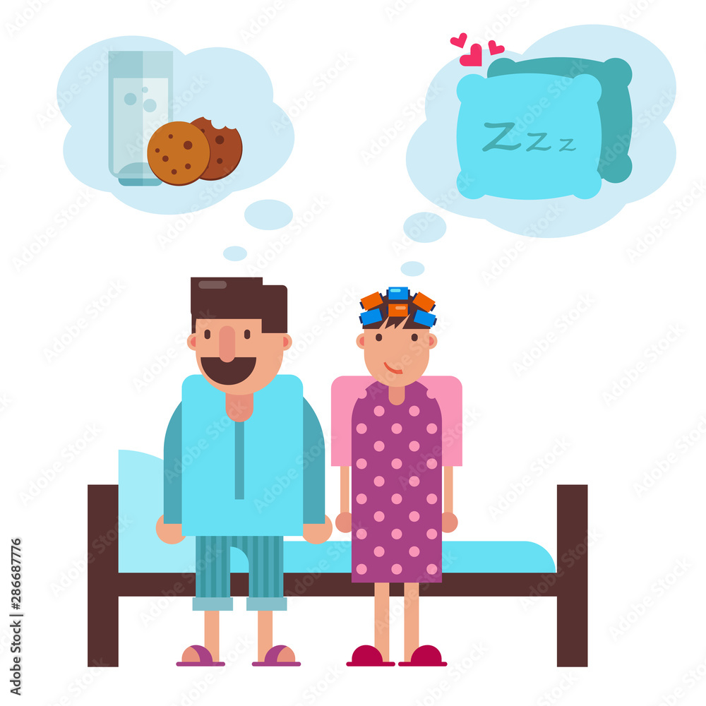 Cartoon couple before going to sleep in bed vector illustration. Wife in night cloths thinking of going to sleep. Husband trying to fight insomnia by eating cookies with cup of milk. Cartoon couple before going to sleep in bed vector illustration. Wife in night cloths thinking of going to sleep. Husband trying to fight insomnia by eating cookies with cup of milk.