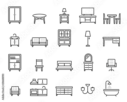 Home furniture, interior decor elements linear icons set