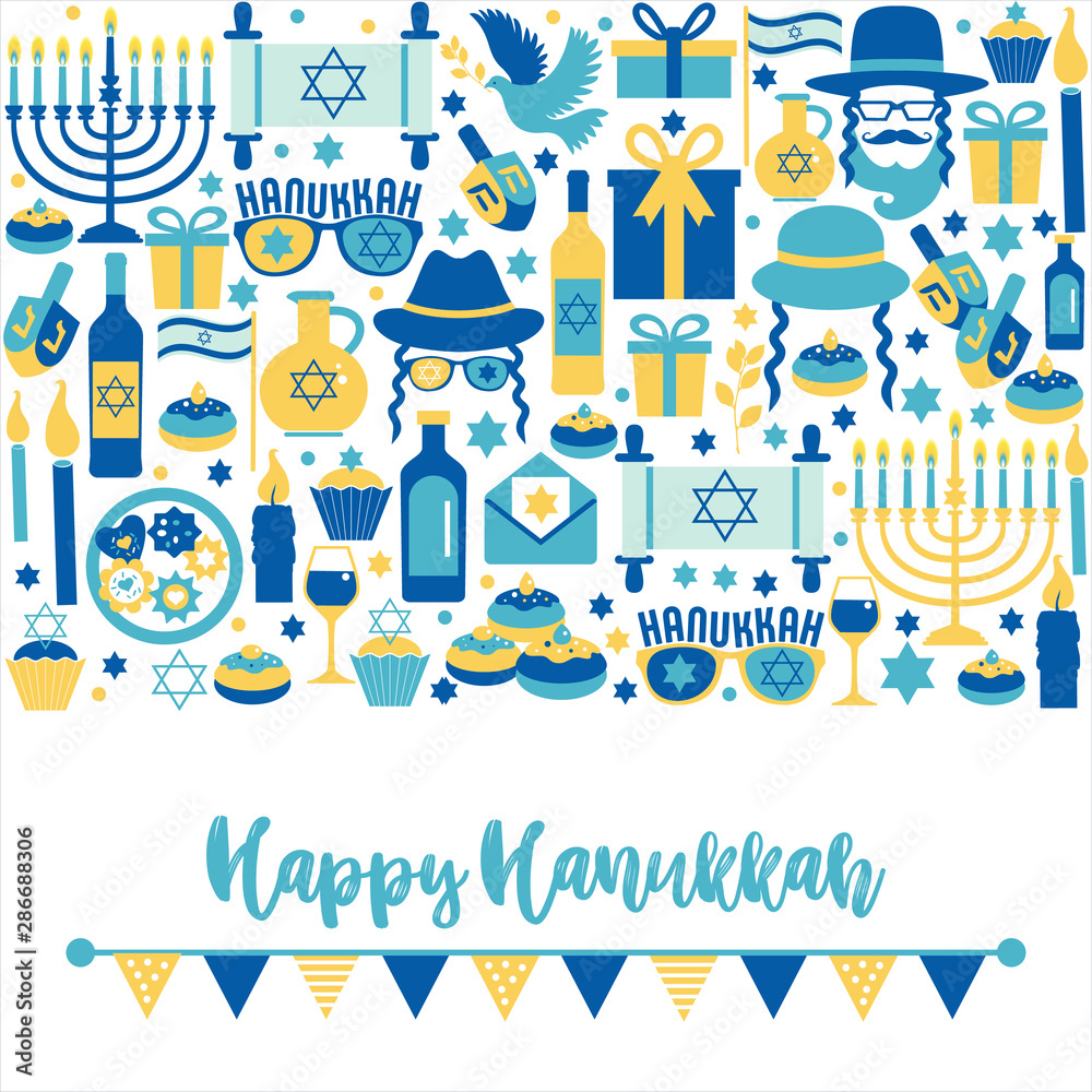 Jewish holiday Hanukkah greeting card traditional Chanukah symbols -dreidels spinning top, donuts, menorah candles, oil jar, star David illustration.