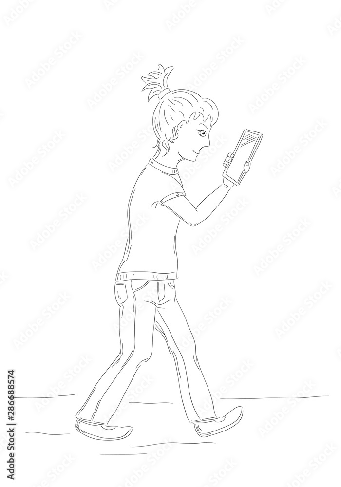 black and white illustration of girl with ponytail staring at smartphone screen