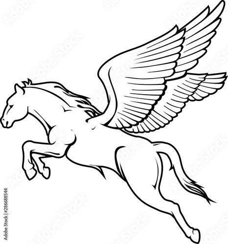 Young Pegasus Leap and Flying, Line Art Illustration