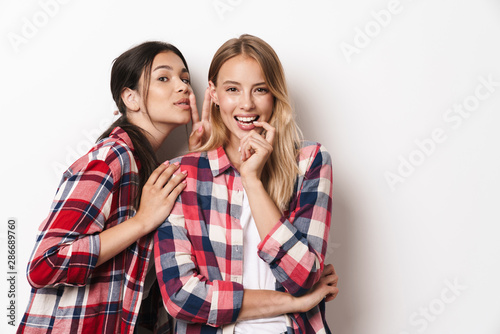 Optimistic pleased young pretty girls friends sisters posing isolated over white wall background gossiping.