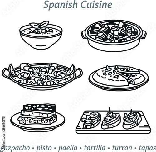 Spanish cuisine, set of vector outline icons