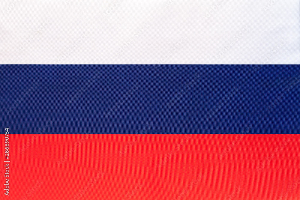 Russia national fabric flag textile background. Symbol of international world european country.