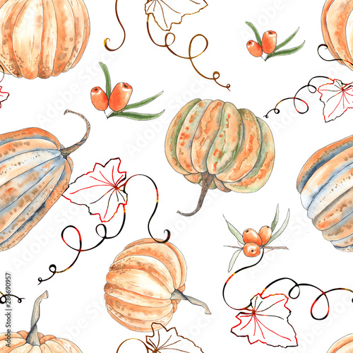 Watercolor autumn seamless patterns with orange and green pumpkins, leaves, branches, berries and textures