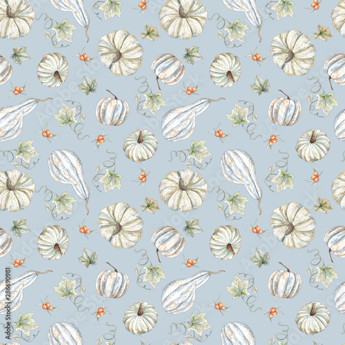 Watercolor autumn seamless patterns with orange and green pumpkins, leaves, branches, berries and textures