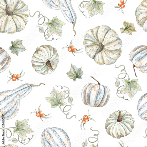 Watercolor autumn seamless patterns with orange and green pumpkins, leaves, branches, berries and textures