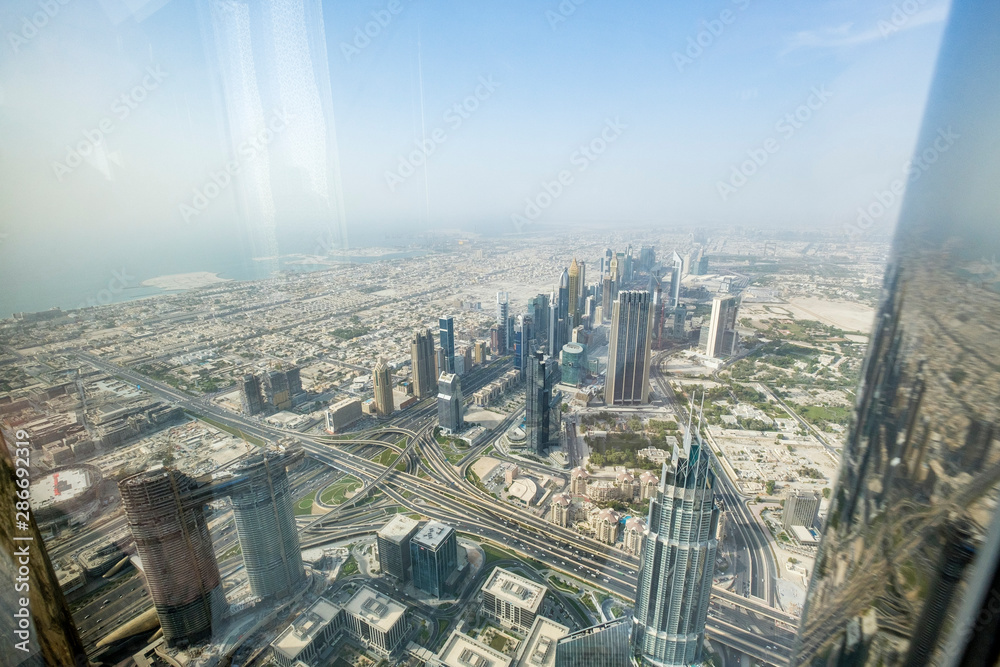 View from Burj Khalifa of Dubai Cityscape highest observation deck in the world