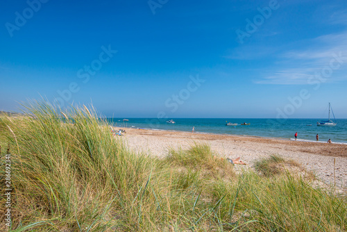 Summer on sunny english beach view.Summer background concept