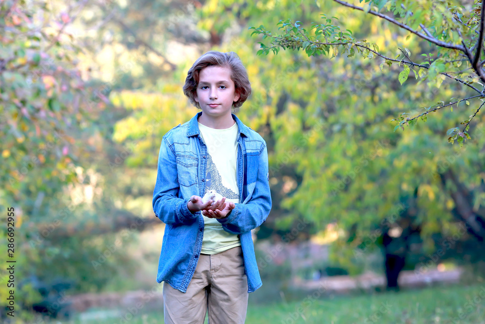 boy stroking a little hamster in his arms