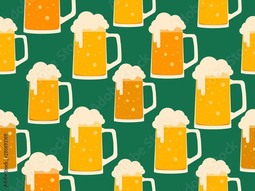 Glass of beer seamless pattern. Glasses and mugs on green background. Alcohol party. Vector illustration