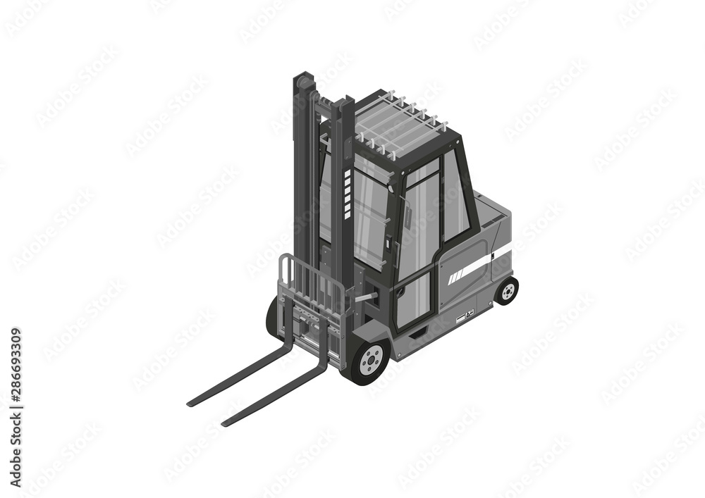 Gray forklift. Modern forklift in monochromatic colors. Isometric view. Flat vector.