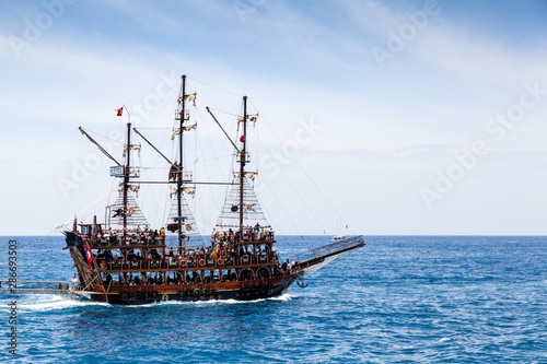 Sailing old ship in a sea