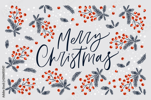 Merry Christmas greeting card with handwritten calligraphy and hand drawn decorative elements. Trendy vintage style.