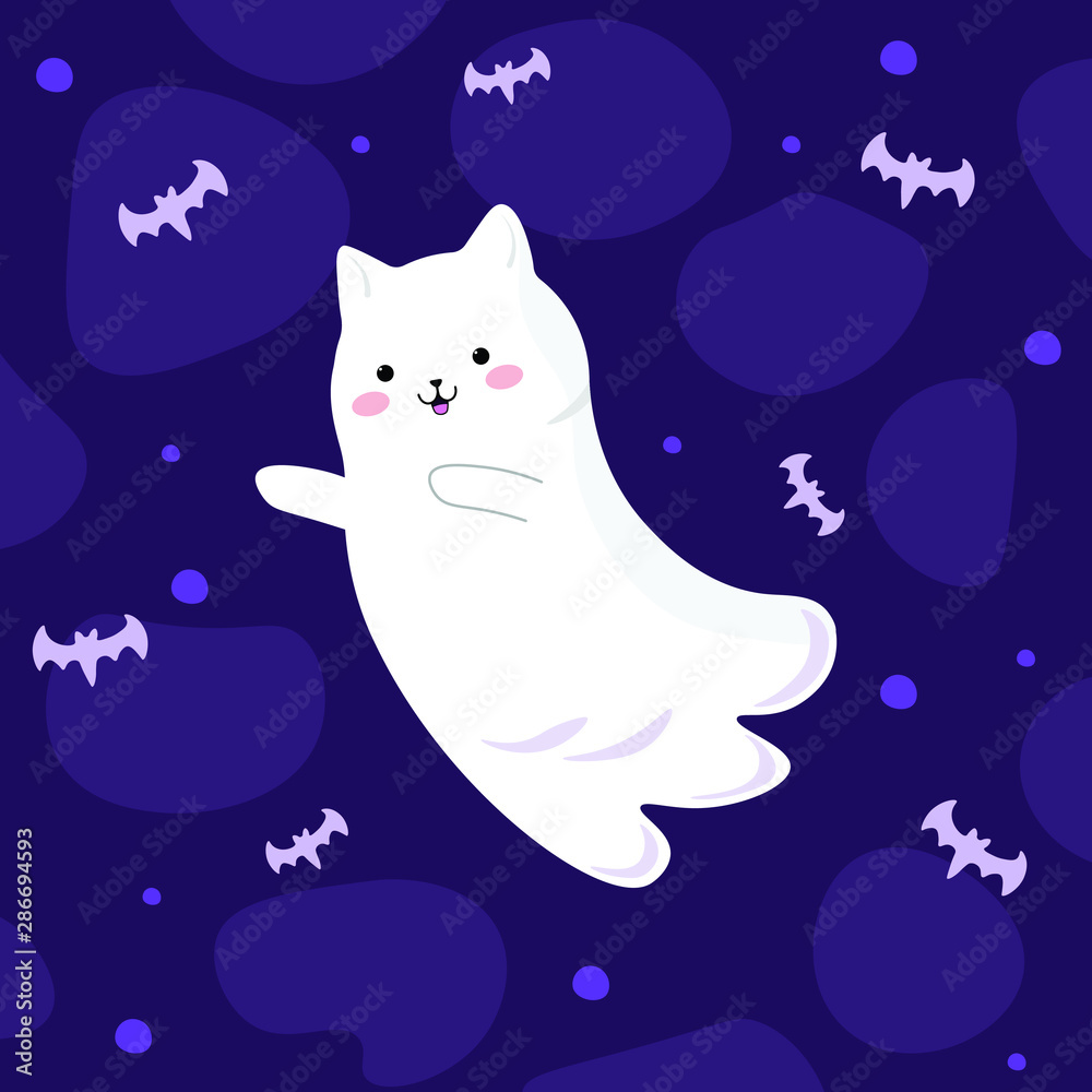 Vector graphics. Cartoon, bright, cute illustration with a ghost cat and bats. Kawaii emotion. Halloween ghost pattern background. Holidays cute ghost cartoon character. Cute icon logo. 