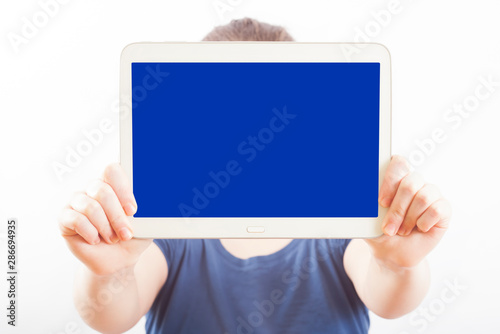 woman hands holding pc tablet isolated on white.