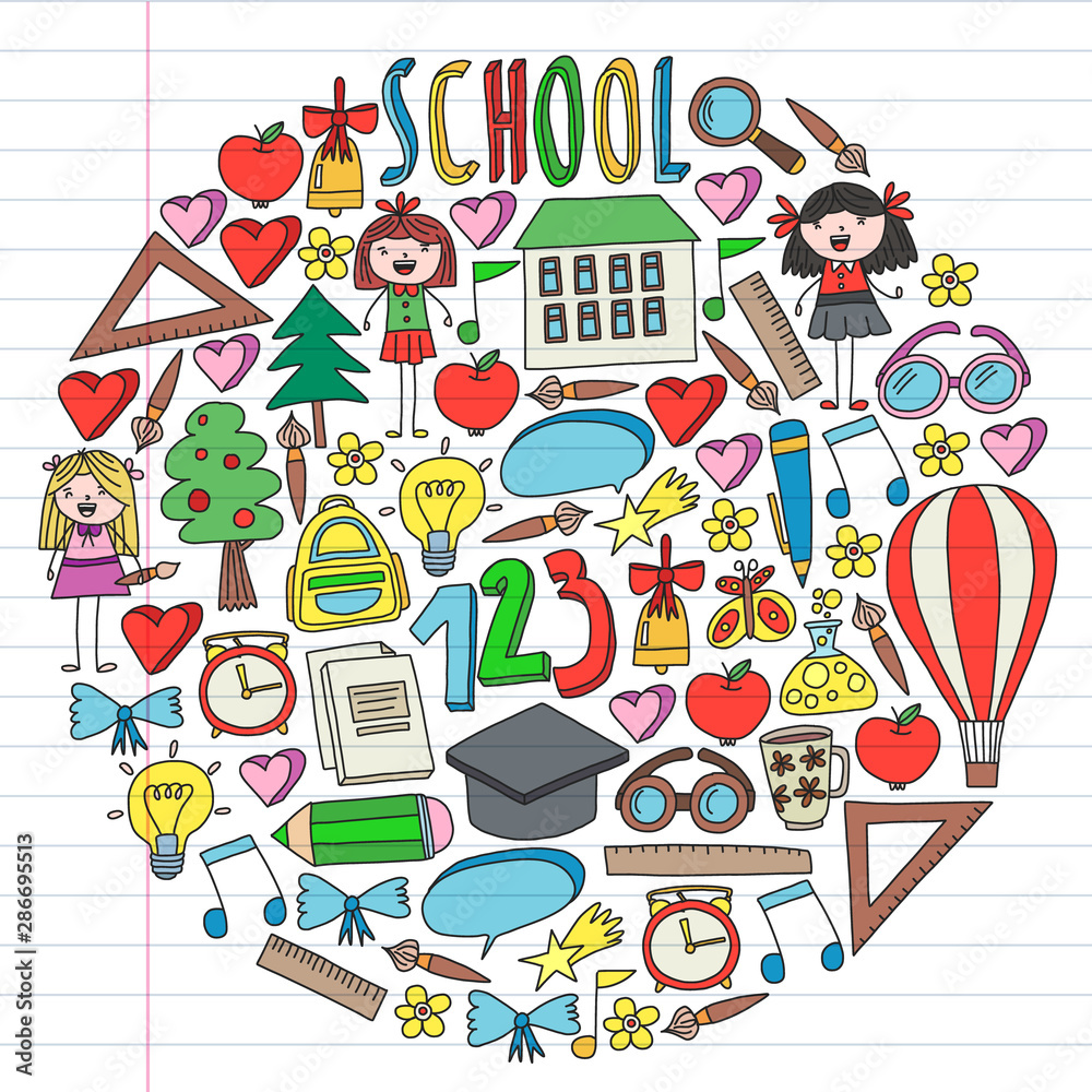 Seamless vector set of Back to School icons in doodle style. Painted, colorful, pictures on a piece of paper on white background.